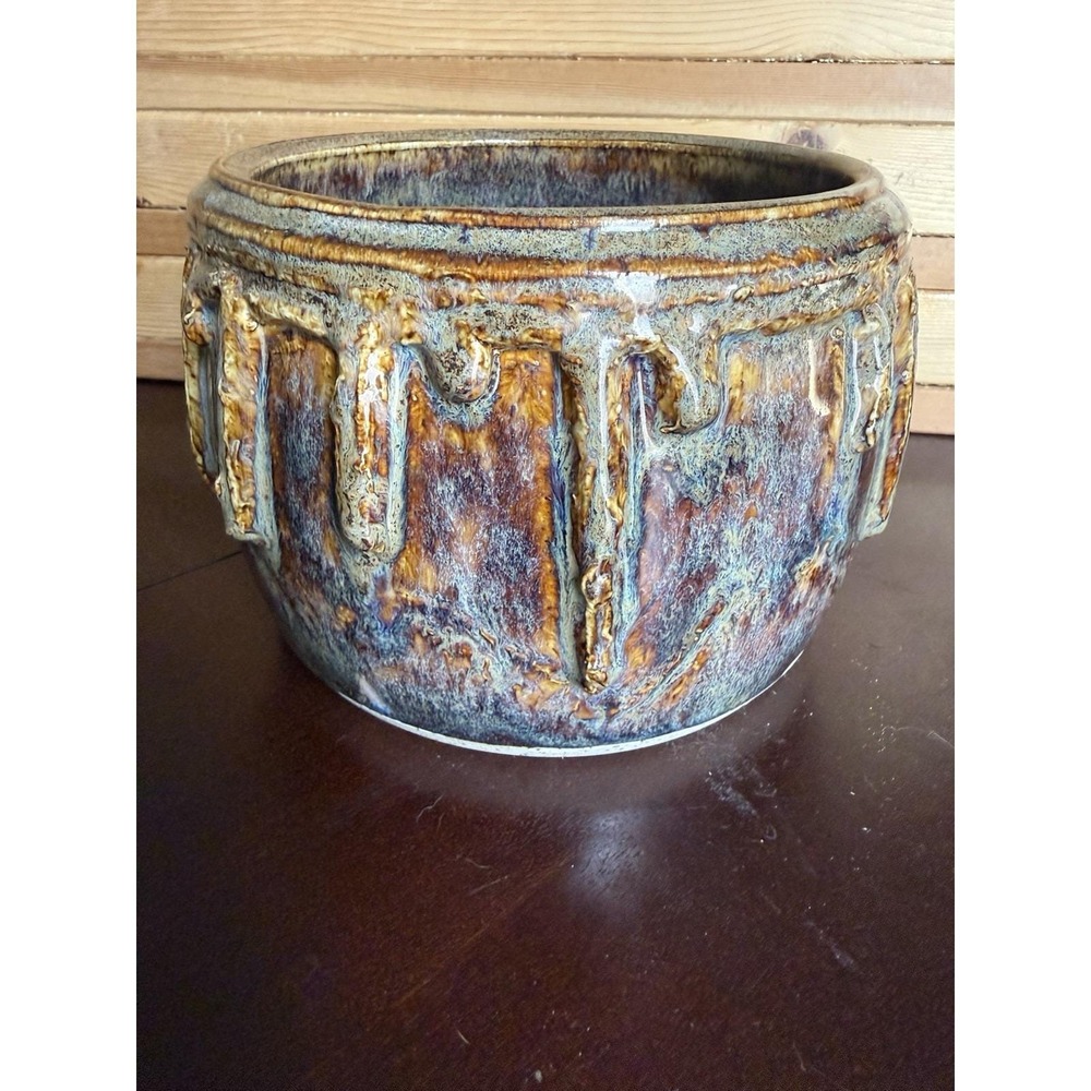 Vintage Signed LC Drip Glaze Ceramic Planter Pot Studio Boho MCM